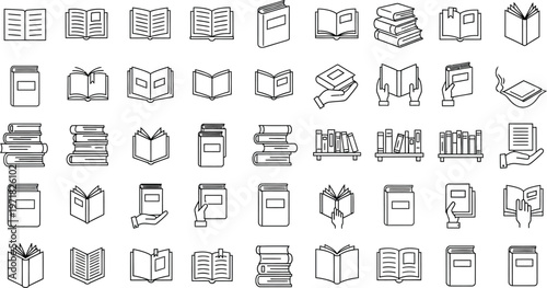 A comprehensive collection of minimalist line art book icons featuring open books, closed books, stacks of books, and hands holding reading material for education and knowledge concepts.