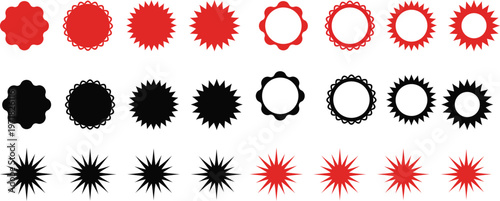 A comprehensive set of red and black starburst and seal vector icons, ideal for creating badges, labels, and promotional graphics.