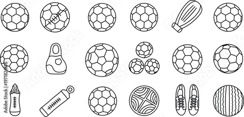 A diverse collection of sports equipment icons in a minimalist line art style, featuring various balls and fitness gear.