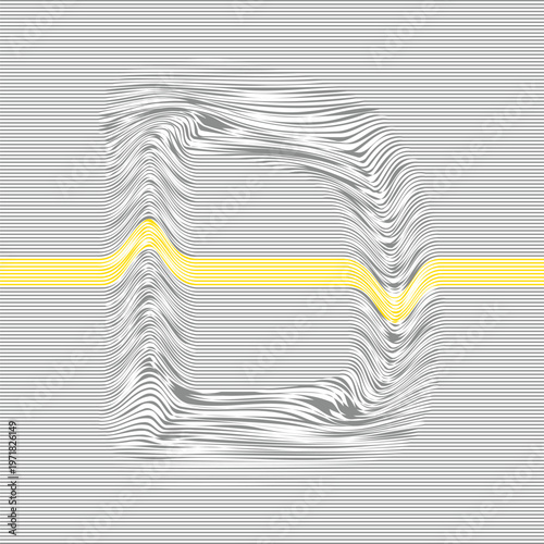 Wallpaper Mural Stylized letter D formed by warped horizontal gray lines with a yellow accent band, creating a 3D wave distortion and optical illusion in modern typographic abstraction. Torontodigital.ca