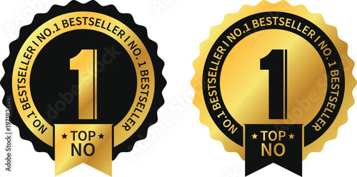 Number 1 Best seller vector badges with ribbon. Luxury elegant black and gold labels. For icon, logo, sign, seal, symbol, stamp, sticker. Vector illustration