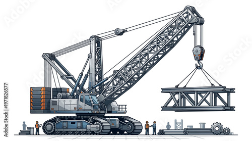 Large Construction Crane Lifting Metal Beam.