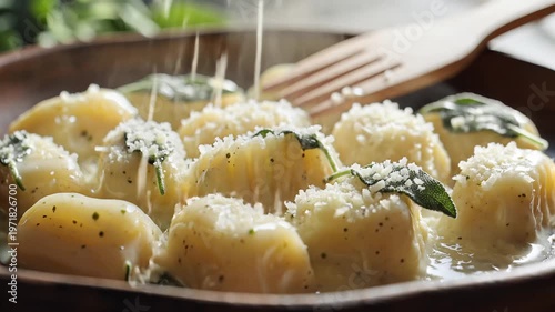 Delicious Gnocchi with Sage and Butter Sauce Sprinkled with Parmesan Cheese.