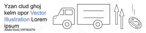 Logistics, transportation, economic growth, delivery services, financial trends, commerce. Outline of a delivery truck with arrows and a coin. Logistics and transportation concept