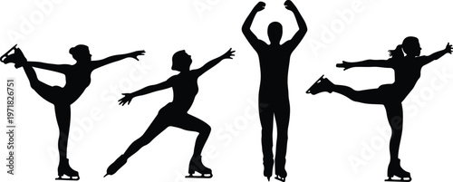 Minimalist black and white silhouette set of figure skaters in dynamic poses with graceful movements isolated on clean white background