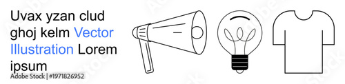 Marketing, creativity, branding, communication, design, advertising. A megaphone, light bulb t-shirt and placeholder text in uncluttered black and white format. Creativity and communication concept