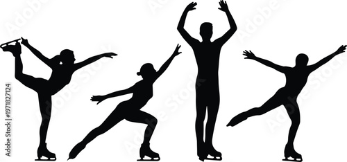 Minimalist black and white silhouette set of figure skaters in dynamic poses with graceful movements isolated on clean white background