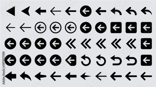A collection of black and white arrow icons in various shapes and directions on a light gray background
