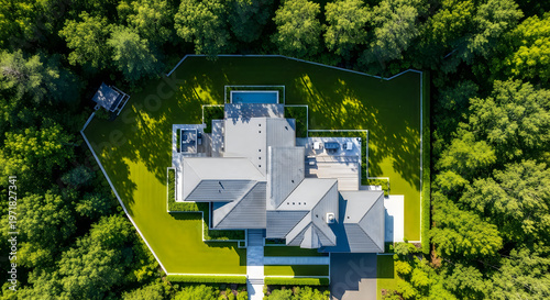 Aerial view of a modern grey roofed house surrounded by lush greenery