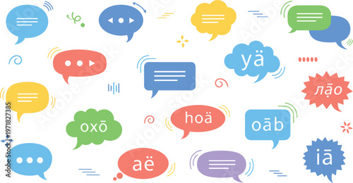 Colorful speech bubbles with text symbols and chat messages, modern communication dialog icons vector illustration set for messaging design