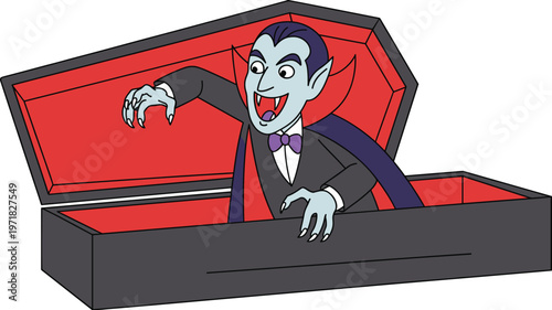 Cartoon vampire emerging from coffin spooky Halloween character flat vector illustration design