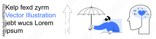 Mindfulness, mental health, protection, growth, communication, self-awareness. Person holding an umbrella, head with heart and upward arrow. Mental health and personal growth concept