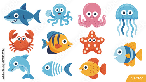Colorful cartoon sea creatures swimming in a playful underwater scene Vector