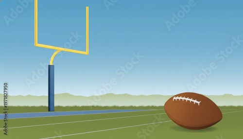 Vector illustration of a professional american football field featuring a leather american football ball and a basketball on the grass as sports equipment for a team competition game