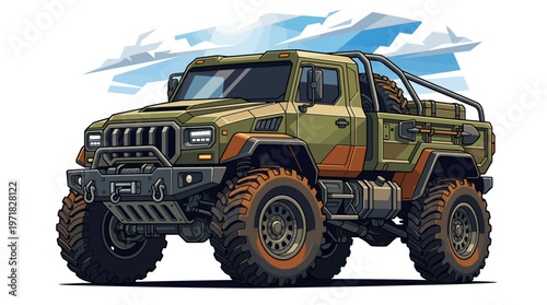 Large Green Military Style Pickup Truck.