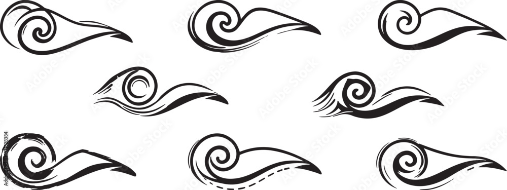 Fototapeta premium Abstract wave swirl line icons set ocean water motion curves minimal black outline vector pack