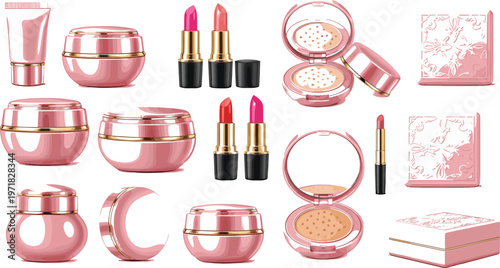 Set of luxury pink cosmetic products including lipstick lip balm face powder and skin care cream jars for beauty branding and makeup salon isolated on white background vector illustration.