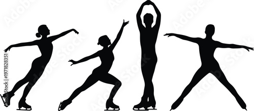 Minimalist black and white silhouette set of figure skaters in dynamic poses with graceful movements isolated on clean white background