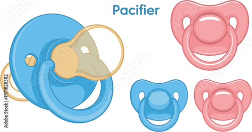 Set of cute baby pacifiers in blue and pink colors for newborn infants, childcare accessories, parenthood concepts, and nursery equipment isolated on white background vector illustration.