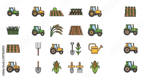 Tractors and farming tools icons.