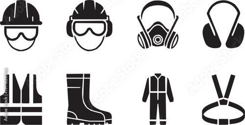 Safety gear vector illustration for industrial tattoo or protective logo. Glyph pictograms of goggles, respirator mask and boots. Vector illustration isolated on transparent background