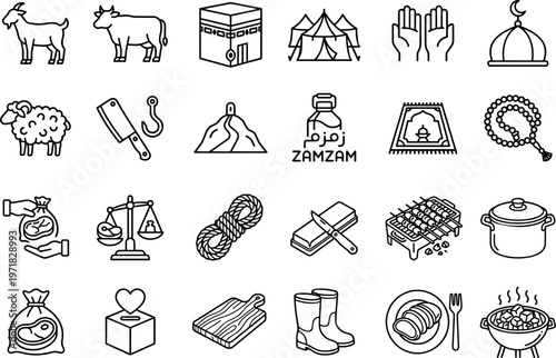 Islamic Eid Al-Adha and Qurban Celebration Line Art Icon Set