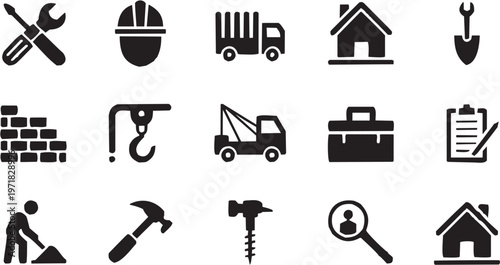 Construction transport vector illustration for industrial tattoo or building logo. Glyph pictograms of trucks, cranes and houses. Vector illustration isolated on transparent background