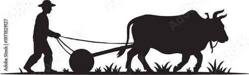 Agriculture farming vector illustration for rural tattoo or traditional logo. Glyph pictograms of ox pulling plow. Vector illustration isolated on transparent background