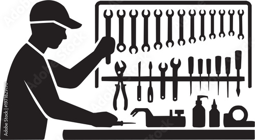 Workshop tools vector illustration for mechanic tattoo or industrial logo. Glyph pictograms of worker with tools hanging on wall. Vector illustration isolated on transparent background