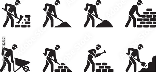 Masonry construction vector illustration for industrial tattoo or building logo. Glyph pictograms of workers using shovels building wall. Vector illustration isolated on transparent background