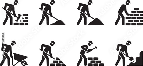 Masonry construction vector illustration for industrial tattoo or building logo. Glyph pictograms of workers using shovels near bricks. Vector illustration isolated on transparent background