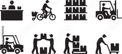 Delivery logistics vector illustration for courier tattoo or transport logo. Glyph pictograms of bicycle rider above workers carrying boxes. Vector illustration isolated on transparent background