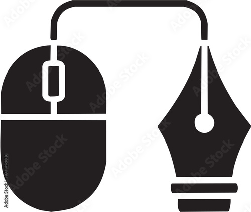Graphic design vector illustration for creative tattoo or digital logo. Glyph pictograms of mouse and fountain pen nib variation. Vector illustration isolated on transparent background