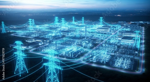 Futuristic power plant with glowing blue lines and towers at dusk, showcasing advanced energy infrastructure and technology
