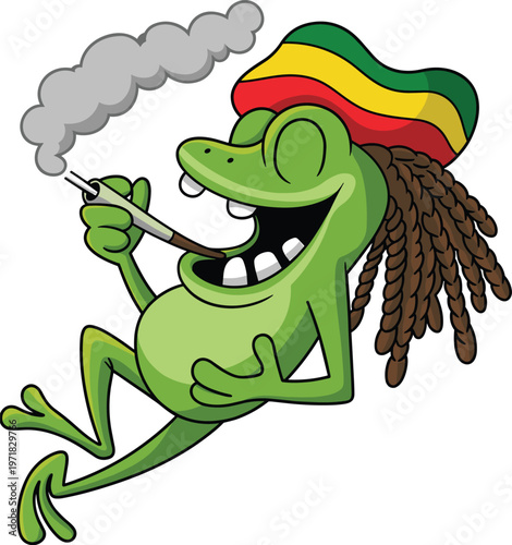 Funny reggae frog smoking joint flat vector illustration, cartoon rastafarian character design