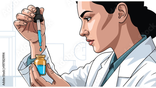 Female Scientist Conducting Medical Research Experiment with Dropper and Vial