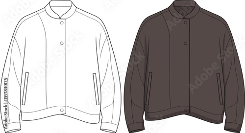 Minimalist bomber jacket front view flat vector template, casual modern apparel design