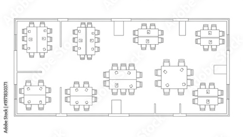 Office floor plan with multiple meeting rooms and individual desks arranged for collaboration and privacy