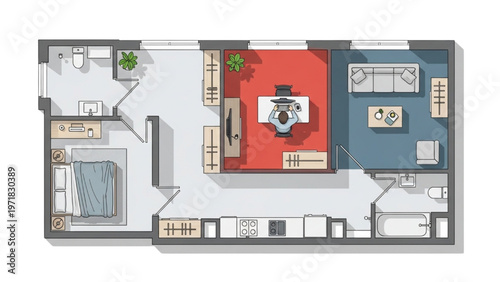 Modern Apartment Floor Plan with Open Living Space and Dedicated Workspace