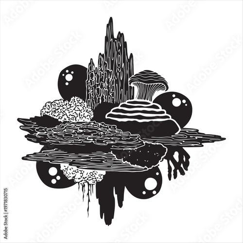 A surreal black and white illustration of a mystical island with abstract shapes