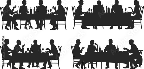 People silhouettes dining together at table conversation restaurant social gathering vector