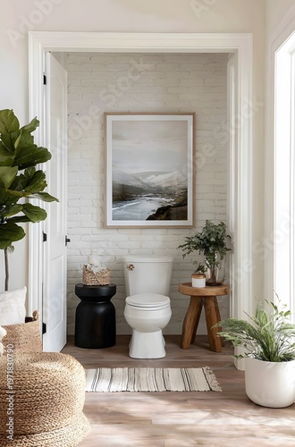 Modern bathroom interior with white brick wall and toilet