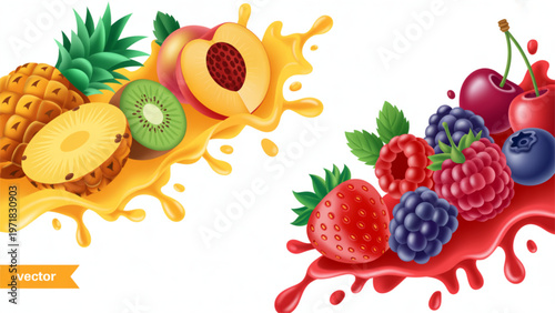 Vibrant illustration of citrus fruits and berries bursting with energy Vector