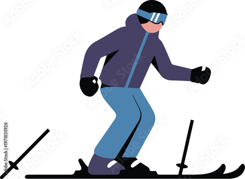 Flat vector of skier in action wearing jacket, ski pants, goggles, and mask winter sports activity illustration
