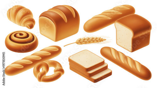 Assorted baked goods including breads, rolls, and pastries displayed together Vector