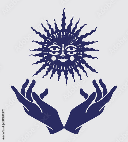 Hand drawn mystical celestial sun face illustration cradled by gentle hands, symbolizing spiritual connection, cosmic energy, and intuitive guidance