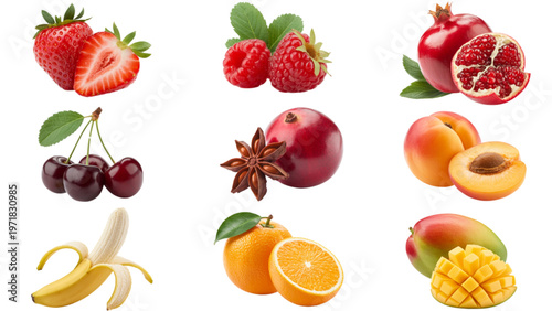 Assorted fresh fruits including apples, oranges, and berries arranged neatly Vector