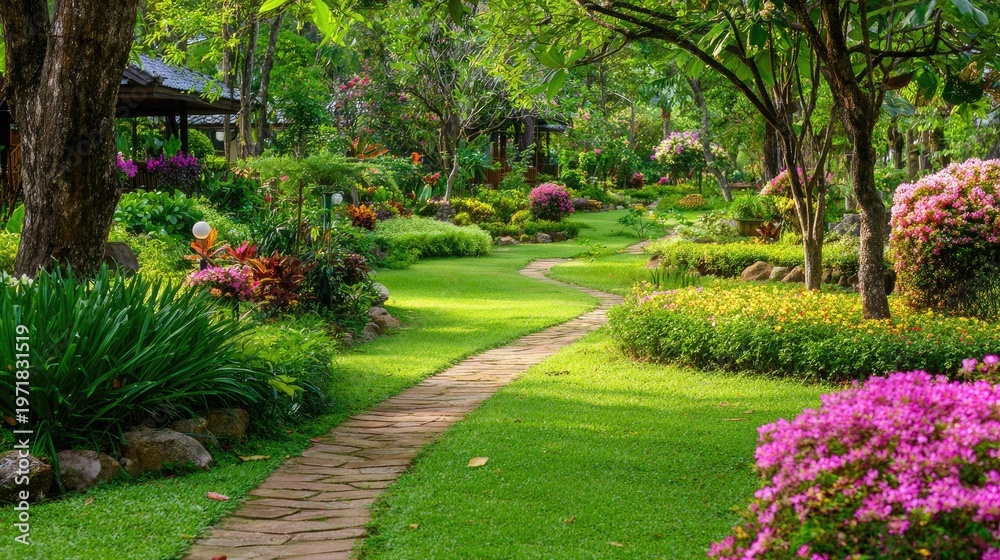 Fototapeta premium Lush, well-maintained parkland features a winding stone pathway bordered by vibrant flowering bushes and dense green foliage.