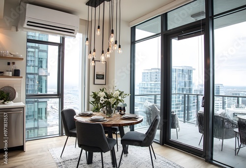Modern dining room with table and chairs in city apartment