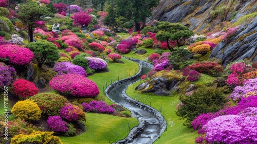 Vibrant flowering shrubs densely cover a sloping hillside traversed by a winding stone-lined stream.